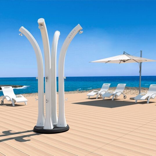 The white color HAPPY FIVE solar shower by ARKEMA DESIGN by the pool